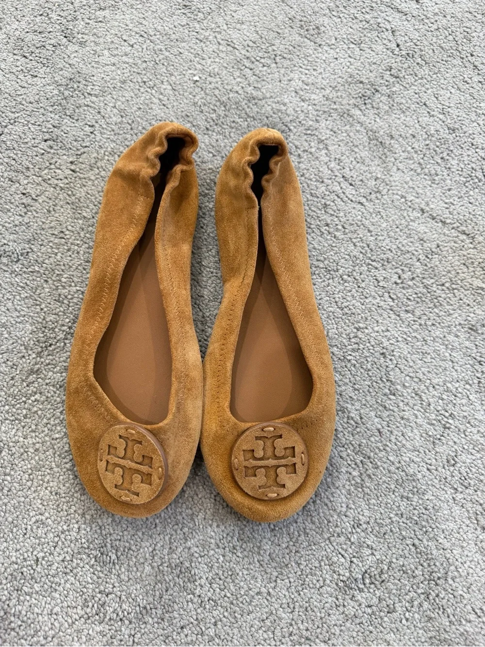 Tory Burch Suede Ballet Flats in Cognac/Tan with Logo Medallion